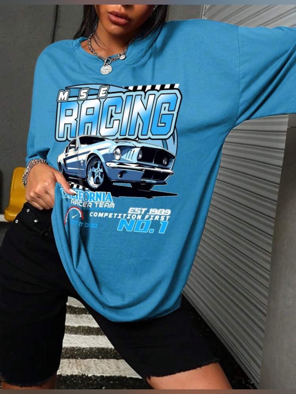 SHEIN Blue Graphic Racing Short Sleeve Tee